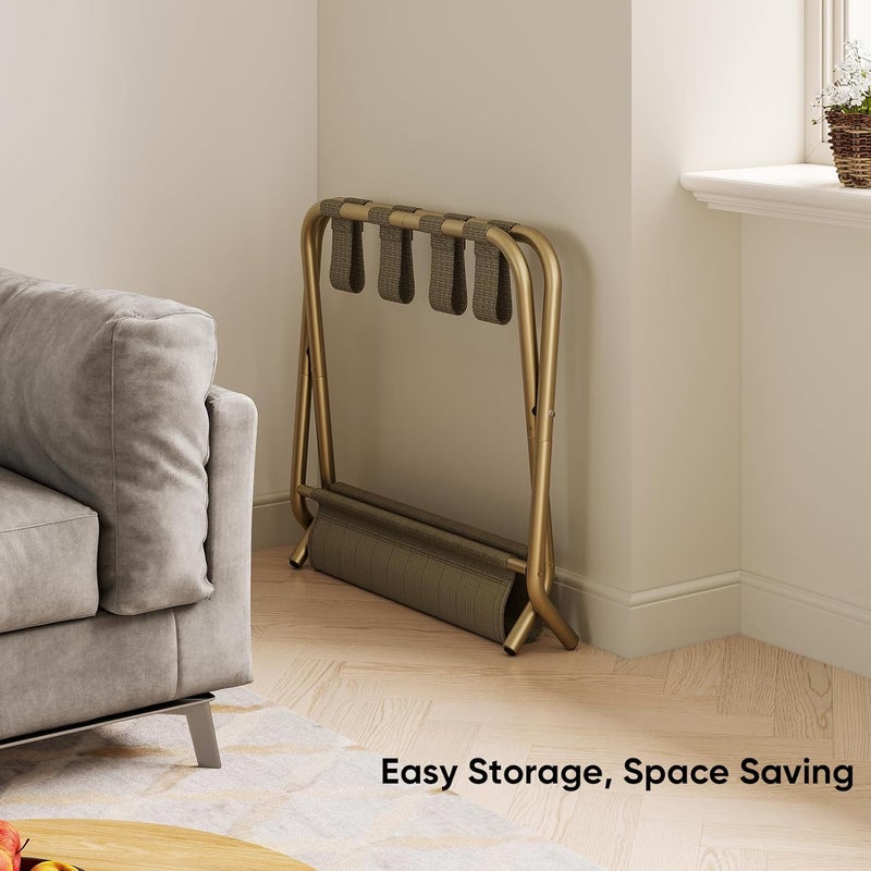 Smart FENDEE Gold Luggage Rack for Guest Room, Folding Suitcase Stand with Storage Shelf, Steel Portable Luggage Stand Bedroom, Hotel, Travel, Easy Assembly, Hold up to 110 lb - Image 3